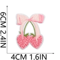 Close-up of pink strawberry bow embroidery patch showing dimensions 6x4cm and fine texture - Strawberry Bow Style