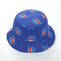 Kids navy blue sun hat with cartoon shark print made of breathable cotton fabric - Royal Blue Shark