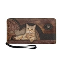 Lange Retro-Geldbörse in Braun mit Katzenmotiv, Reißverschluss und schwarzer Handschlaufe - Vintage Braune Katze