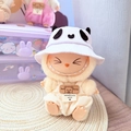 Plush doll accessory set featuring panda fisherman hat and yellow plaid overalls outfit - Panda Hat + White Checkered Overalls / First And Second Generation Keychains Are Compatible With La Cloth Dolls. Dolls Not Included.