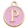 Pink enamel round alphabet P charm with gold plated edge for DIY jewelry making - Letter P / 1 Piece (12x14mm) / Pink
