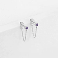Silver stainless steel stud earrings with round purple zircon and dangling chain detail - February Violet - Silver