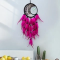 Moon shaped dream catcher with magenta feathers and a crystal tree of life design - Crystal Style / Rose Red