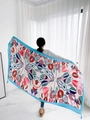 Ethnic style summer beach scarf with vibrant red and blue floral print and fringe - Lavender-Blue Red Pink Abstract Geometric Tassel / 180cm / Lavender
