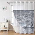 Detailed view of waterproof floral shower curtain with landscape print and metal grommets - Zen Landscape Moon (26SYL-3) / Single Shower Curtain (181x188cm)