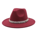 Detailed macro view of burgundy wool fedora hat featuring a sparkling rhinestone band and M charm - M (56-58cm) / Burgundy