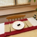 Rectangular red and yellow striped woven placemat on a white marble dining table - 45*30cm / Beige & Red Woven