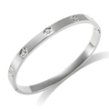 Silver stainless steel oval bangle with embossed plum flower and heart motifs - Steel Color Etched Flower
