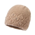 Beige winter knit hat for women featuring elegant leaf patterns and pearl rhinestones - Khaki