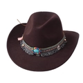 Close-up of brown felt cowboy hat featuring turquoise stone and bohemian beaded band - One Size 57-58cm / Colorful Ethnic Woven Style / Coffee