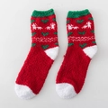 Thick coral fleece Christmas sock featuring red festive reindeer and green heart pattern - Heart