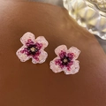 Handcrafted floral stud earrings with pink and purple beads and gold accents - 48# Silver Pin - Red Flower