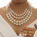 Elegant four-layer pearl and crystal necklace set with matching drop earrings for women - Four-layer Set (23030490)