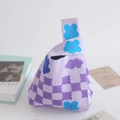 Purple floral knit bucket handbag with blue flower pattern and check design - Checkered Flower Purple