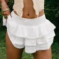 Mini-jupe blanche en dentelle multicouche avec broderie florale et taille élastique - S / Blanc