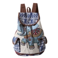 Ethnic blue backpack with elephant pattern showing woven texture and leather trim details - 40x30x16cm / Small Blue Elephant Style