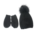 Ensemble bonnet tricoté noir pour enfant avec pompon en fourrure et moufles assorties - Noir
