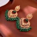Vintage palace style gold crescent earrings with vibrant green bead tassels on silk - 8# Exotic Palace Green Beaded Fringe - Gold