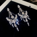 Detail van zilveren druppeloorbellen met kristallen, vleugelvormen en lange franjes - Vlindervleugel Waterdruppel Kwastje Stijl / Zilver (925 sterling zilveren oorsteker)