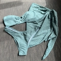 Three-piece bikini set with tube top and sarong in sage green textured fabric - Malachite green