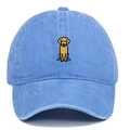 Détail de la casquette en coton délavé bleu avec broderie de chien golden retriever - Rose bonbon