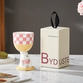 Pink and yellow checkered ceramic goblet with cute white bear stem and gift box - Bear Pink Checkerboard