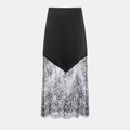 Elegant black satin and lace patchwork midi skirt with stylish V-shaped seam design - XS / Black
