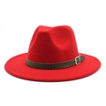 Classic red wool fedora hat with a woven brown belt and metallic square buckle detail - M (56-58cm) / Red