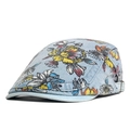 Light blue denim flat cap with colorful floral peony prints and metal buckle - Light Blue