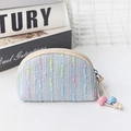 Blue tweed mini coin purse with colorful stripes and beaded zipper for earphone storage - Small Shell / Blue