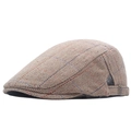 British style newsboy flat cap in brown herringbone tweed with blue and red plaid pattern - Khaki