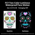 Tatuaje facial calavera luminosa Halloween con diamantes rosas en luz y oscuridad - Patrón FCY-007