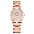 Modische Damen Quarzuhr mit rotgoldnem Armband und rosa Zifferblatt mit Blattmuster - Roségold