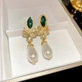 Elegant gold-plated earrings featuring emerald green zircon and white pearl drop details - Woven Flower Style (65#)