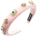Detailed view of pink jacquard headband with metal Evil Eye charms and crystal accents - Printed Pink