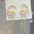 Elegant floral tassel earrings with pink enamel petals and sparkling zircon stones - Gradient Flower Tassel Earrings (Silver Earring Post) E2319