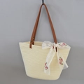 Beige woven cotton rope tote bag with brown leather handles and lace floral bow - Lace Bow Style / Off White