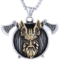 Viking warrior pendant with golden helmet and axes on a silver square link chain - Viking Warrior Helmet Pendant (A0420)