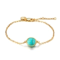18K gold plated S925 sterling silver chain bracelet featuring a round turquoise gemstone - Champagne Gold Turquoise Round Bead Bracelet 2.1g