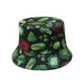 Detail shot of black bucket hat with realistic lettuce and vegetable prints - M (56-58cm) / Black (A)
