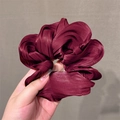 Glossy burgundy pleated oversized scrunchie hair tie with high sheen satin texture - Burgundy