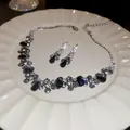 Exquisite silver necklace set with black teardrop gems and sparkling rhinestones for women - 50# Necklace-Black