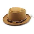 Detail of brown wool felt hat featuring woven band with beads and golden feather accent - M (56-58cm) / Khaki