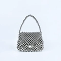 Compact silver beaded handbag handcrafted with spherical metal beads in a glossy finish - Silver