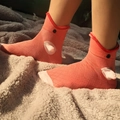 Knitted crocodile socks in coral orange with 3D animal details and button eyes - Fish-Standard