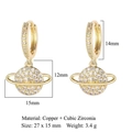 Detailed size chart of Saturn planet drop earrings with cubic zirconia and dimensions - Gold Saturn