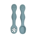 Morandi blue silicone baby training spoon set with textured grip and hollow flower design - Two-Piece Set / Grey Blue