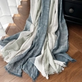 Blue and grey striped cotton linen scarf featuring soft fringe trim on a wooden floor - Denim Blue Gradient