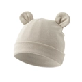 Close-up of beige ribbed knit baby beanie featuring cute 3D bear ears on top - Milk Tea (Large Ear)