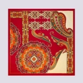 Satin silk square scarf featuring paisley and medallion patterns in orange and dark red - Red